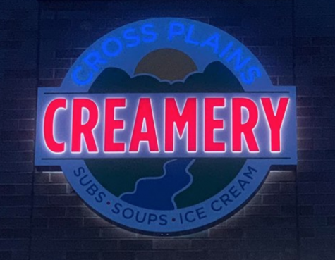 The Cross Plains Creamery sign, featuring their logo, was installed just a week before opening. Their logo will be sold on t-shirts, mugs, and hats. 