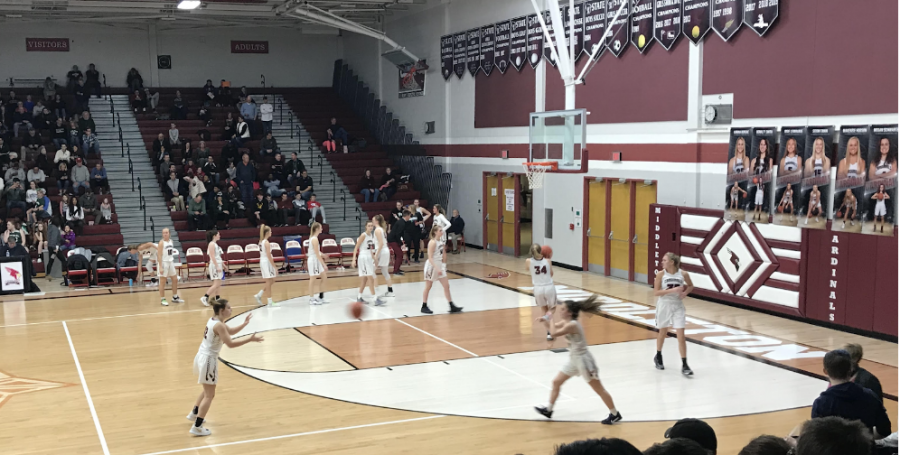 The MHS Girls basketball team warming up at the Coaches vs. Cancer game, organized by MHS Relay for Life, on January 31, 2020.
