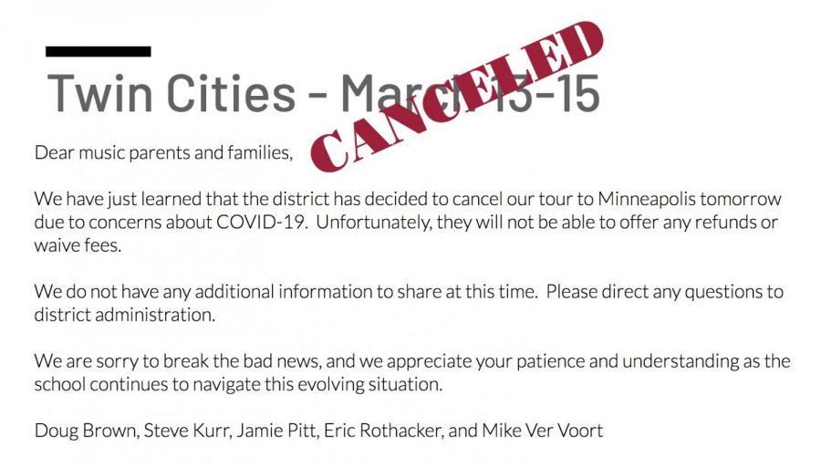 A message from Doug Brown, Steve Kurr, Jamie Pitt, Eric Rothacker, and Mike Ver Voort announcing the cancellation of the MHS Music Department’s trip to Minneapolis, MN.
