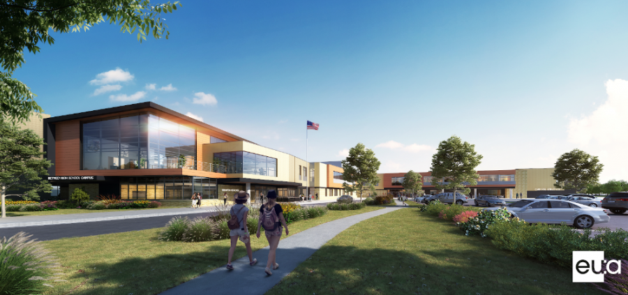 The MCPASD High School Campus building project, known previously as Referendum 2018, will begin construction in April 2020 and culminate in the fall of 2023. Shown above is the design for the front of the new high school campus. This will be one of several new entrances, allowing greater access to the school than is currently available.