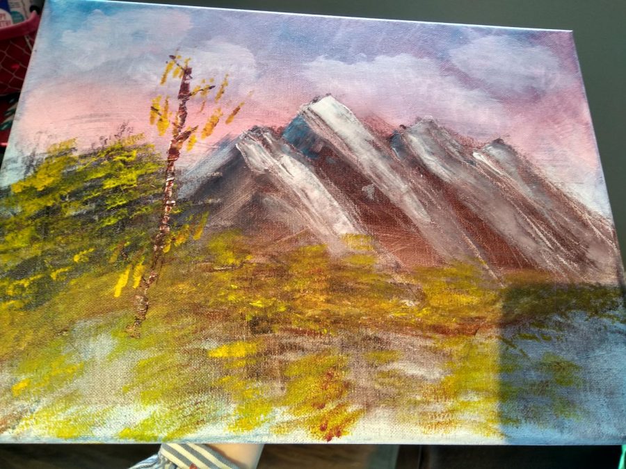 This Bob Ross-inspired painting was created by me using acrylics, one brush, and a palette knife.