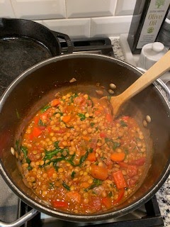 Spicy lentil soup before being served.  I made this with my family as part of a one-soup per week New Year’s goal. 