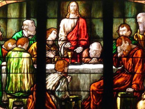 A depiction of “The Last Supper” on a stained glass window in Bethlehem Evangelical Lutheran Church in Scenery Hill, Pennsylvania. 