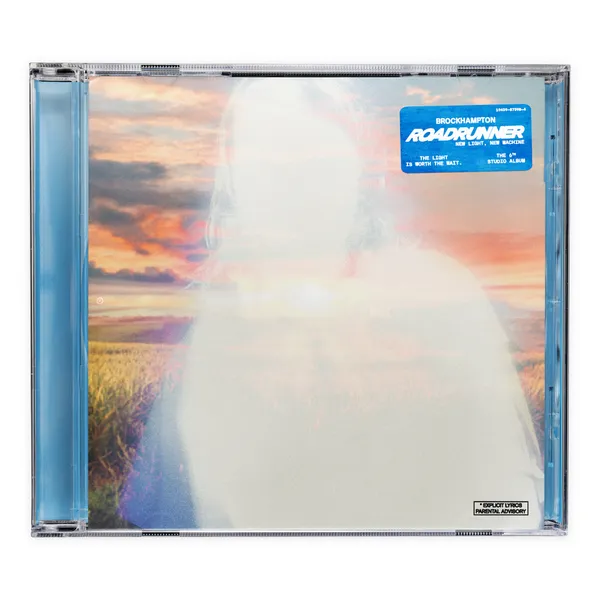 The cover art for “ROADRUNNER: NEW LIGHT, NEW MACHINE” shows a glowing white portrait of band member Joba in front of a field during a colorful sunset. The light outline alludes to the album title as well as the different themes and meanings of light throughout the album. 