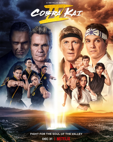 Possible cover for season four of Cobra Kai. The cover shows the characters ready to fight and features a possible new character from one of the original “Karate Kid” movies. 