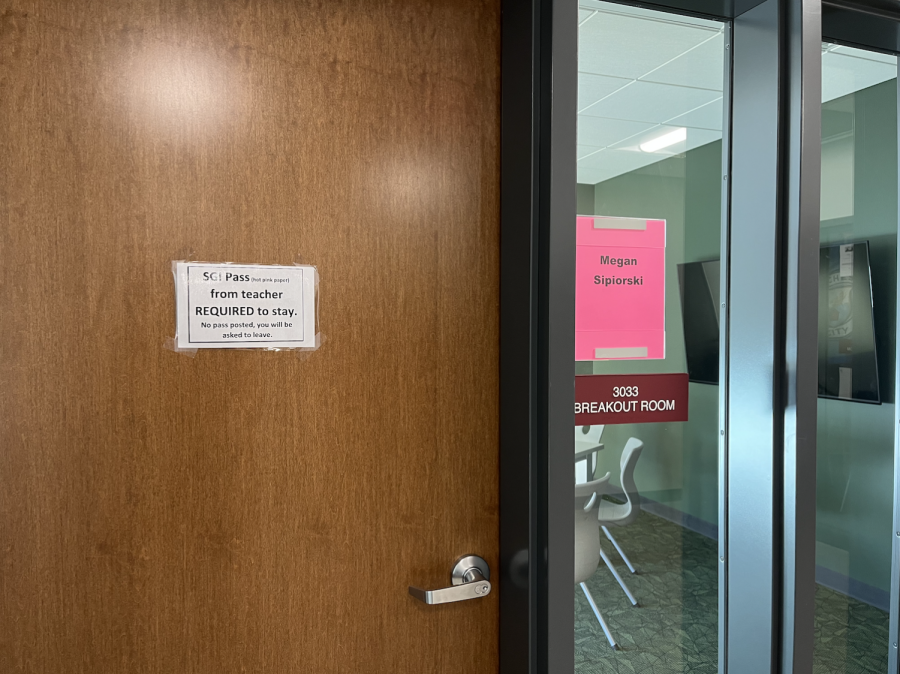 Since December, students are required to post a pink pass from their teacher to work in the small group instruction rooms in the new building. The passes are meant to reduce vandalism of the workspaces.