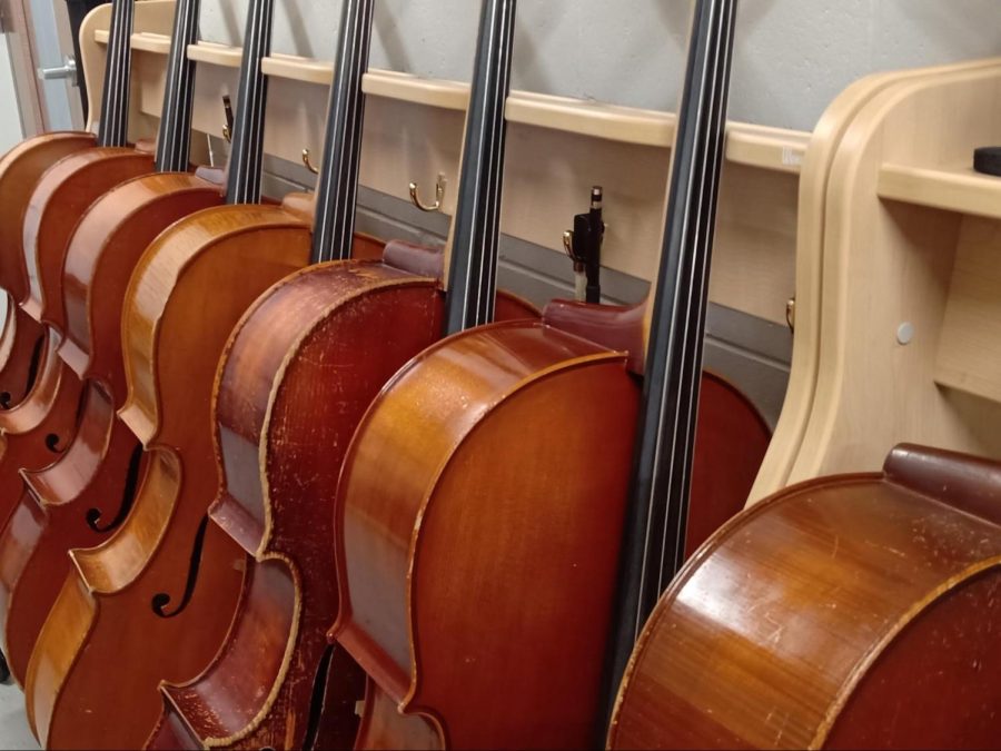 The cellos lined up in the “Cello-Base Chamber” of the MHS Orchestra room
