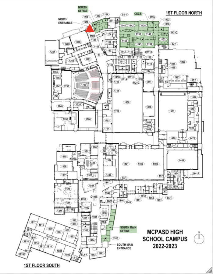 The North Entrance, at the red triangle on the map, is located off of Lee Street and functioned as the only main entrance during the 2021-2022 school year. It serves as the entrance to the Performing Arts Center and music department on the north side of the building. The North Entrance is also the location of bus drop off this school year.