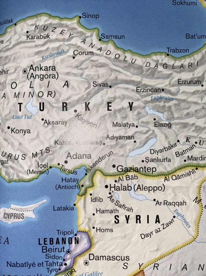 Map of Eastern Mediterranean from World Atlas: Fourth Edition by National Geographic Kids. The Kahramanmaras earthquake hit Southern Turkey and Northwestern Syria at 4:17 a.m. and measured around 7.7 on the Richter Scale.