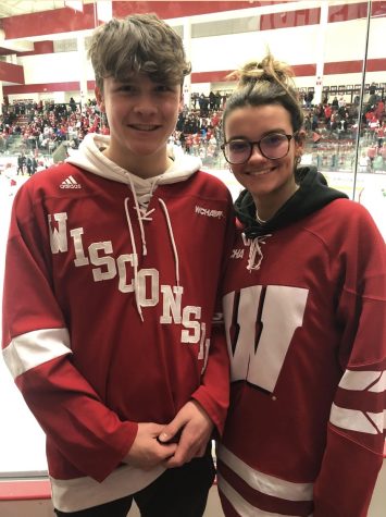 Current UW-Madison freshmen, Molly Hauenstein and Charlie Zumbrunnen, attend a womens hockey game at La Bahn Arena on campus.