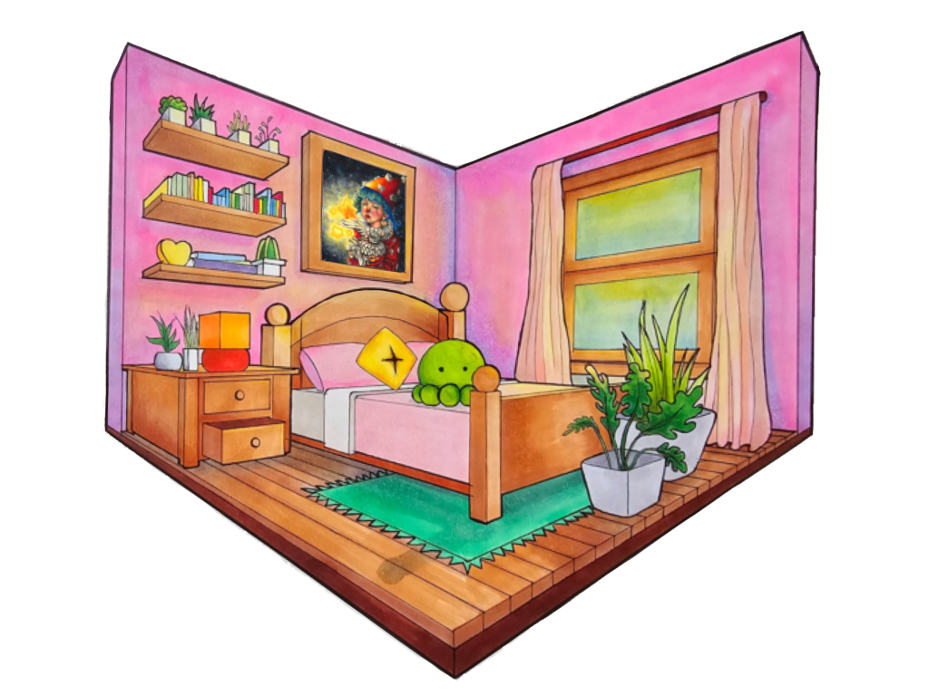 Shelley Yang, 12, My Room - Perspective Illustration, 9 x 12 in - Alcohol Markers

While blue and orange are my favorite colors today, pink has always held a special place in my heart. Pink has been the color of my bedroom for 14 years, as I chose the color when my family moved into our first house. 

"My Room" offers a 2-point perspective portrayal of my actual bedroom and my idealizations. The framed artwork in "My Room" is one of my favorite art pieces I made, "Best Wishes". The work mirrors the multiple pieces I created and display in my room. The bedframe and size reflect my physical bed, and the octopus plushie on the bed represents my love for plushies. However, the color scheme and amount of pillows show an idealized version of what I would like my room to look like. What initially began with the simple decision of pink walls has since evolved into a series of choices that collectively define "My Room" as a true reflection of my personal taste and identity.