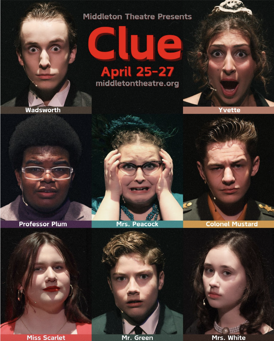 The mansion staff, Wadsworth and Yvette, along with the six dinner party guests, Professor Plum, Mrs. Peacock, Colonel Mustard, Miss Scarlet, Mr. Green and Mrs. White, were featured in the story of “Clue.” From left to right, top to bottom: Ben Freiberg (11), Dina Abdel-Megid (10), Samond Curry (10), Reese Johanningmeier (12), Luke Latino (11), Lennon Maher (11), Logan Borgmeyer (10) and Shay Roy-Lewis (10).