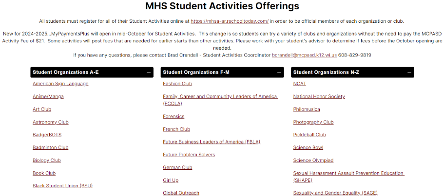 A view of the 75 extracurricular activities that Middleton High School offers, found on the MHS website 