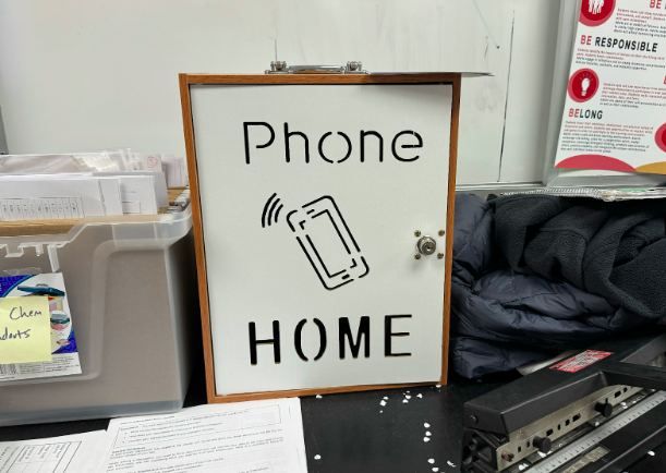 An example of a phone box in Mr. Bertos chemistry classroom. Phone boxes are helpful in eliminating distractions and creating a phone-free environment, in accordance with both existing and new phone policies at MHS