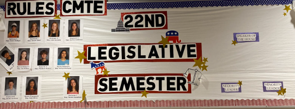 The board outside Mr. Hartman's room lists all of the Rules Committee representatives and will eventually post the pictures of the Speaker, Majority Leader, and Minority Leader.

Note: Although the board reads 22nd Legislative Semester, this semester will mark the 23rd Legislative Semester at MHS