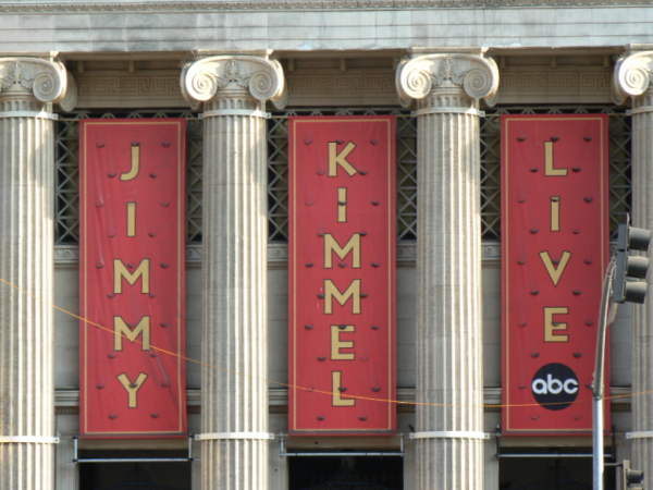 The Hollywood Masonic Temple displays banners reading "Jimmey Kimmel Live."
Photo by Mateusz Kudła, licensed under CC BY-SA 3.0 (https://creativecommons.org/licenses/by-sa/3.0/deed.en).