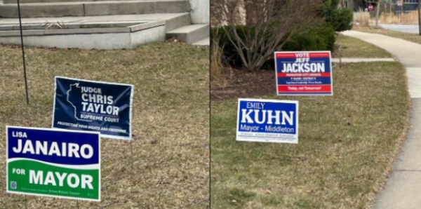 Campaign signs scattered throughout Middleton Hills, supporting candidates Lisa Janairo and Emily Kuhn for the mayoral office.