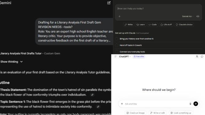 Photos of the Claude, ChatGPT, and Gemini user welcome screens. Students and educators are increasingly integrating AI into their roles and classwork.